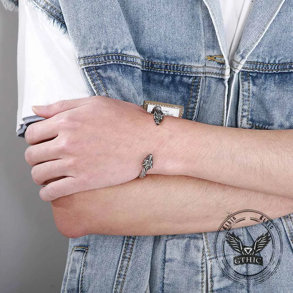 Punk Double Wolf Head Stainless Steel Open Bracelet sold by GTHIC product image thumbnail 2