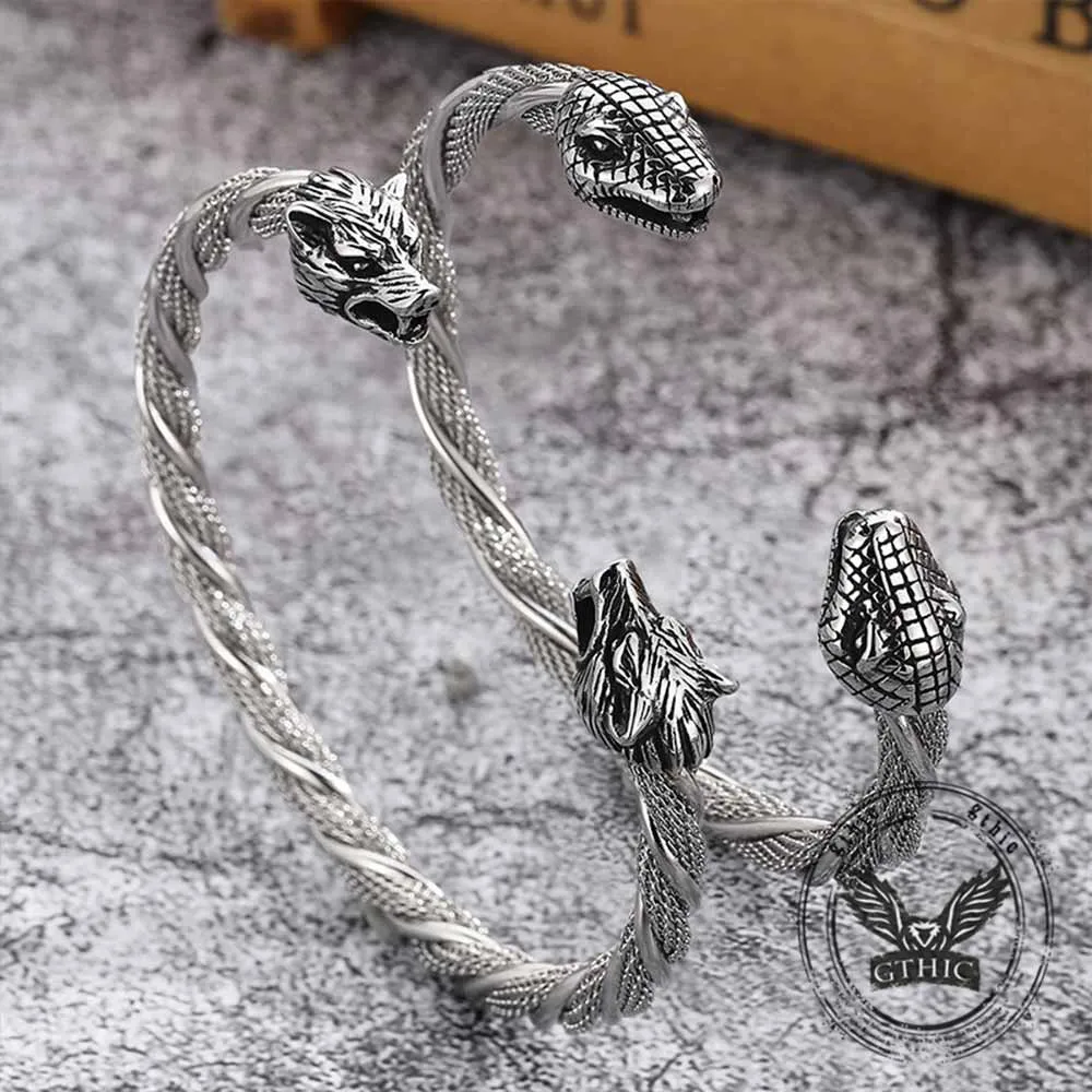 Punk Double Wolf Head Stainless Steel Open Bracelet sold by GTHIC