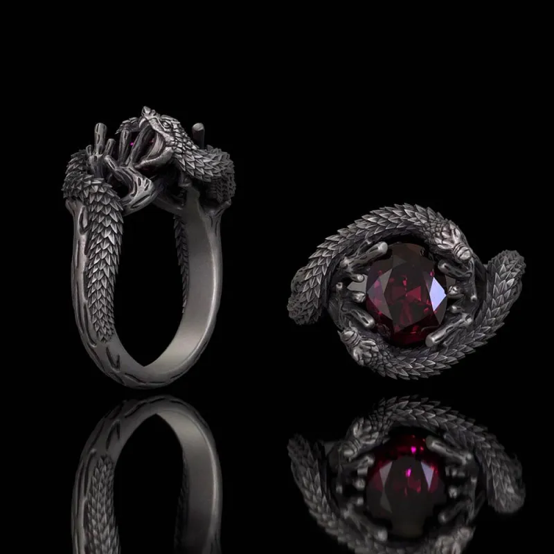 Vintage Two Dragons Playing With Gem Sterling Silver Ring sold by GTHIC