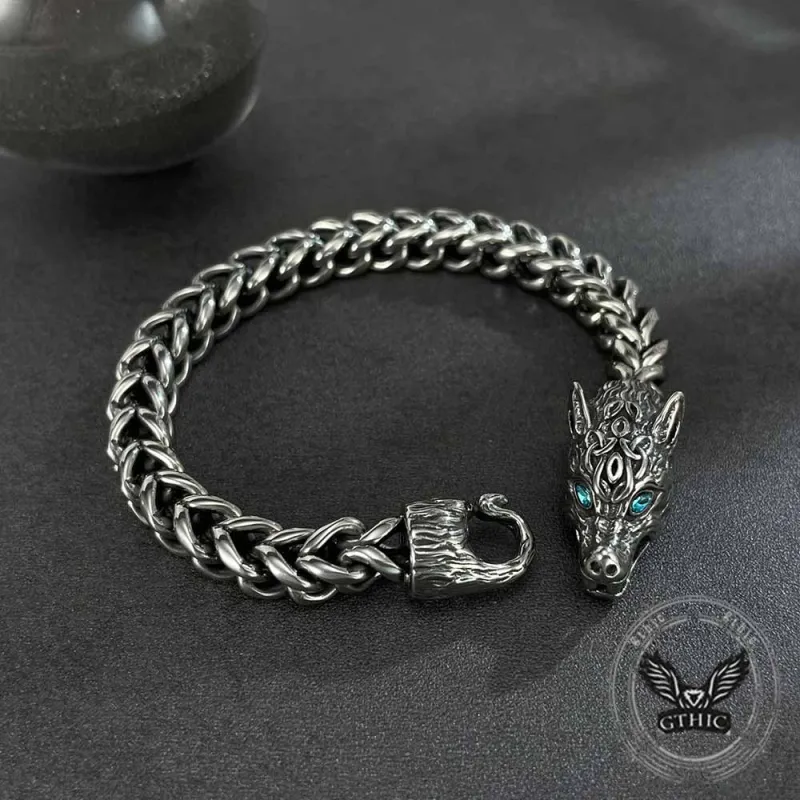 Fenrir Wolf Head Gem Eye Stainless Steel Bracelet sold by GTHIC