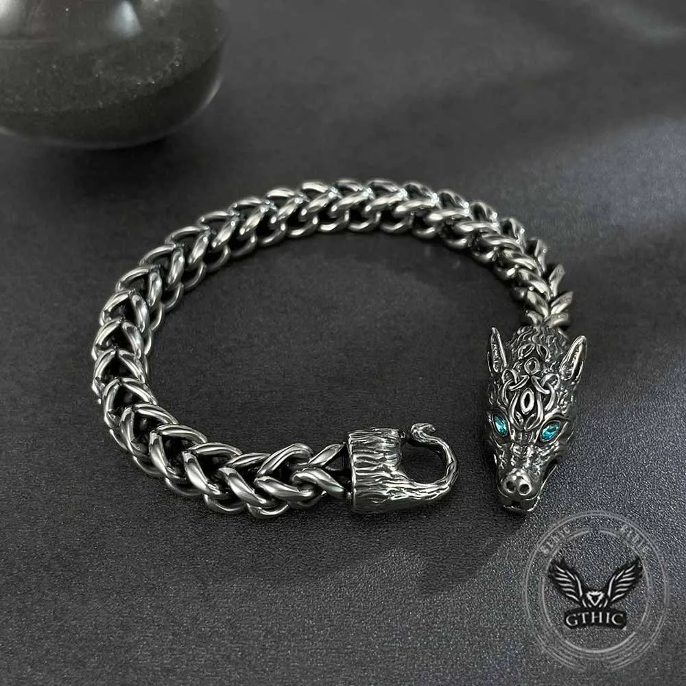 Fenrir Wolf Head Gem Eye Stainless Steel Bracelet sold by GTHIC