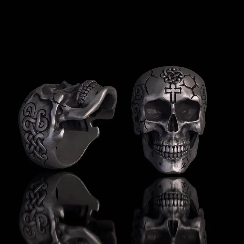 Gothic Cross Celtic Sterling Silver Cracked Skull Ring sold by GTHIC