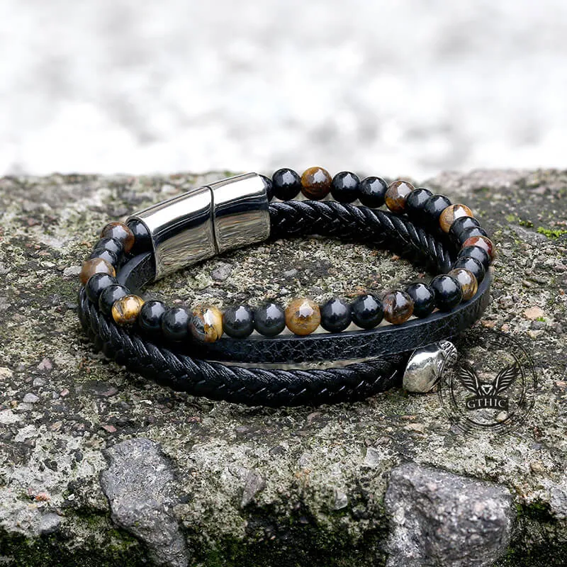Punk Tiger Eye Skull Leather Bead Bracelet sold by GTHIC product image thumbnail 4