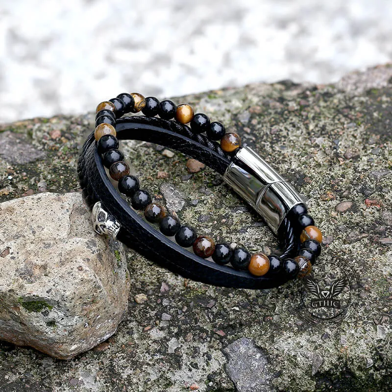 Punk Tiger Eye Skull Leather Bead Bracelet sold by GTHIC product image thumbnail 3