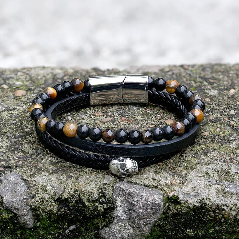 Punk Tiger Eye Skull Leather Bead Bracelet sold by GTHIC