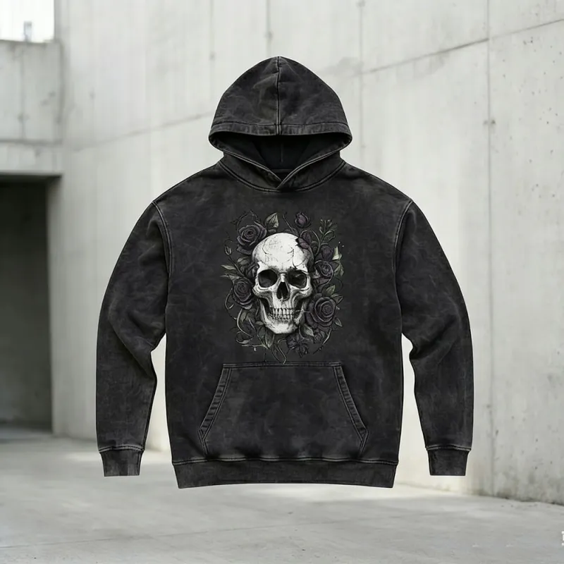 Skull Dark Rose Pattern Vintage Washed Hoodie sold by GTHIC