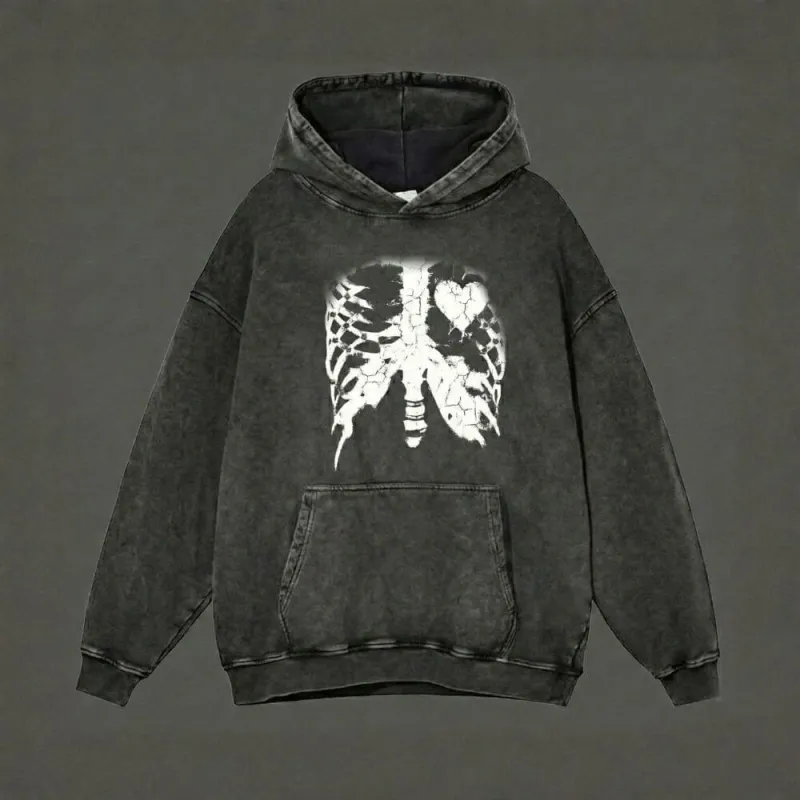 Gothic Heart Skeleton Pattern Vintage Washed Hoodie sold by GTHIC