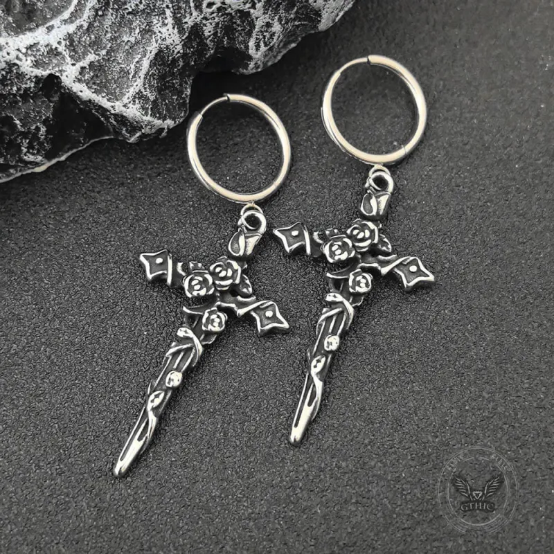 Gothic Forbidden Rose Cross Stainless Steel Hoop Earrings made by GTHIC