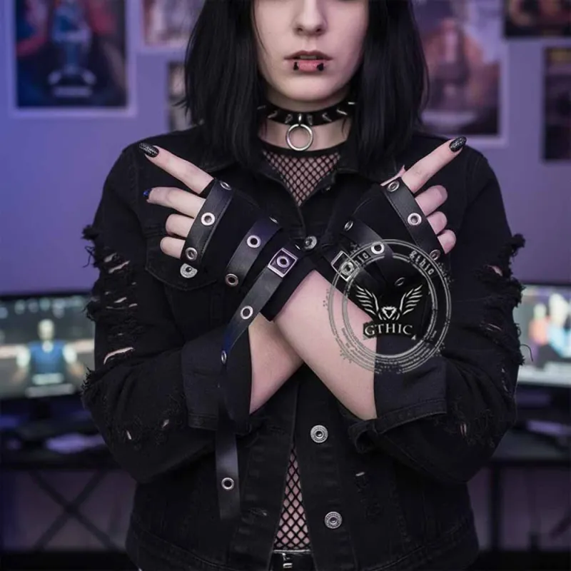 Y2K Gothic PU Strap Half-Finger Sleeve Gloves made by GTHIC