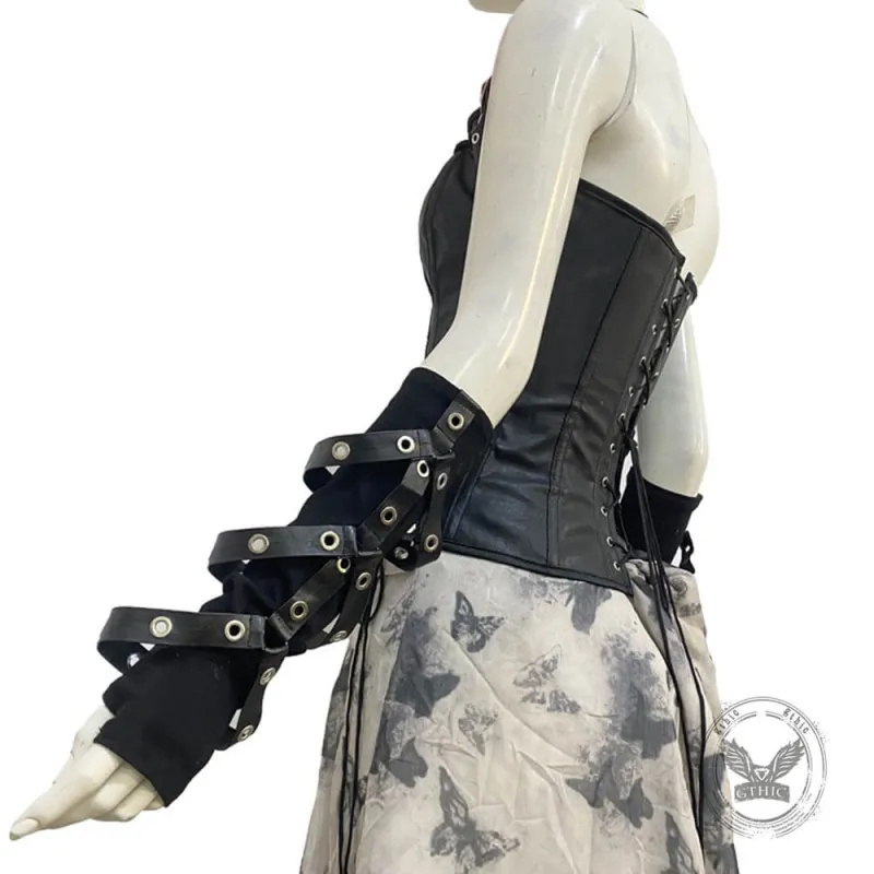 Punk Dark Style PU Strappy Half-Finger Sleeve Gloves made by GTHIC