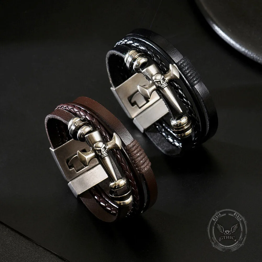 Skull Cross PU Leather Braided Biker Alloy Bracelet sold by GTHIC