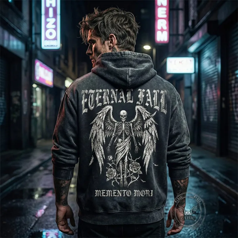 Eternal Fall Angel Skull Vintage Washed Biker Hoodie sold by GTHIC