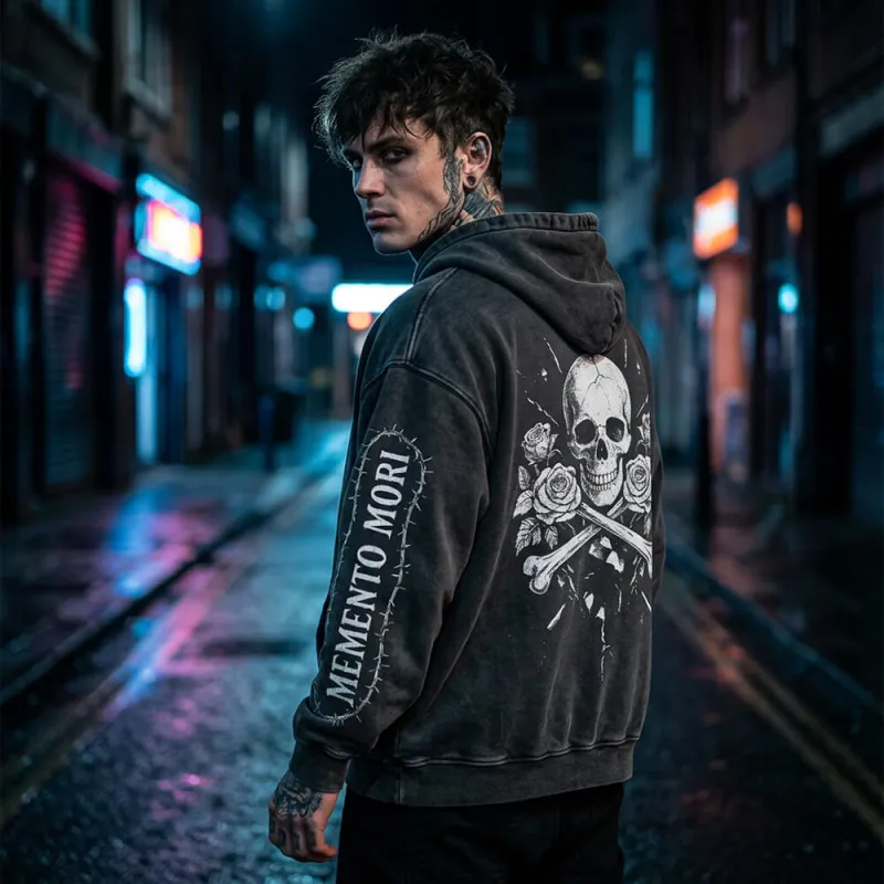 Memento Mori Skull Rose Gothic Vintage Washed Hoodie sold by GTHIC