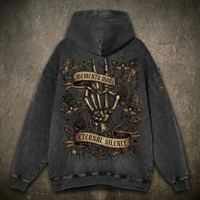 Memento Mori Skeleton Hand Rose Vintage Washed Hoodie sold by GTHIC