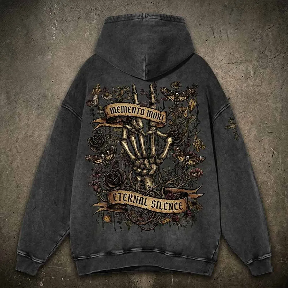 Memento Mori Skeleton Hand Rose Vintage Washed Hoodie sold by GTHIC
