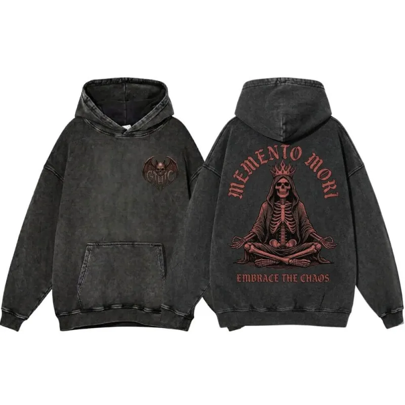 Memento Mori Meditating Skeleton Vintage Washed Hoodie sold by GTHIC