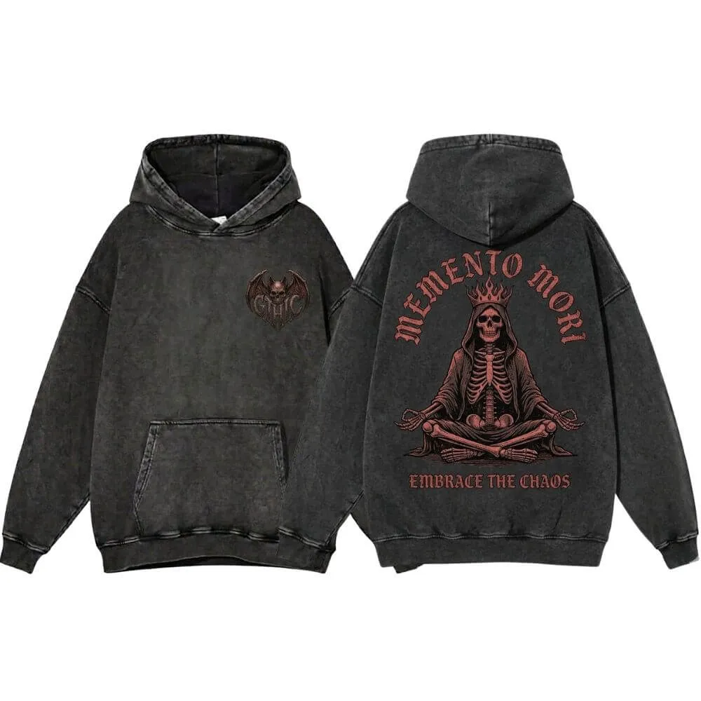 Memento Mori Meditating Skeleton Vintage Washed Hoodie sold by GTHIC