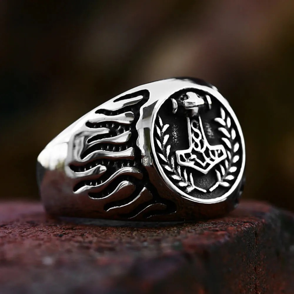 Retro Thor's Hammer Flame Stainless Steel Viking Ring sold by GTHIC
