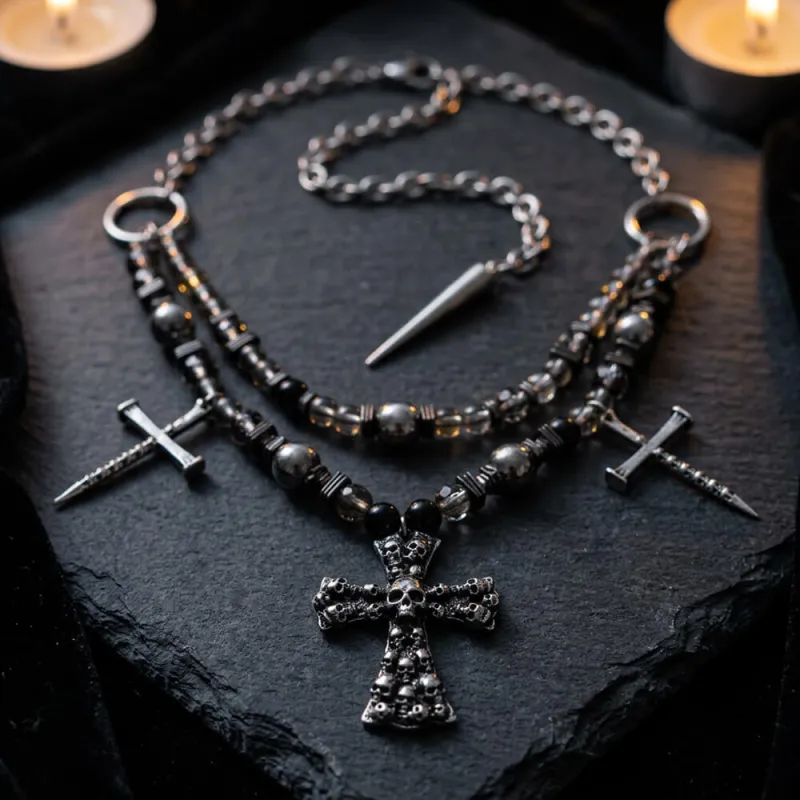 Punk Skull Cross Dark Gothic Studded Beaded Alloy Pendant made by GTHIC