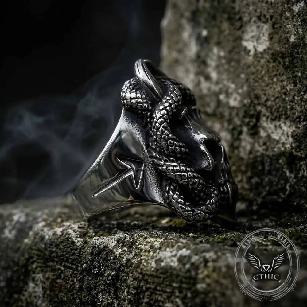 Gothic Snake Wrapped Horn Skull Stainless Steel Ring sold by GTHIC product image thumbnail 4