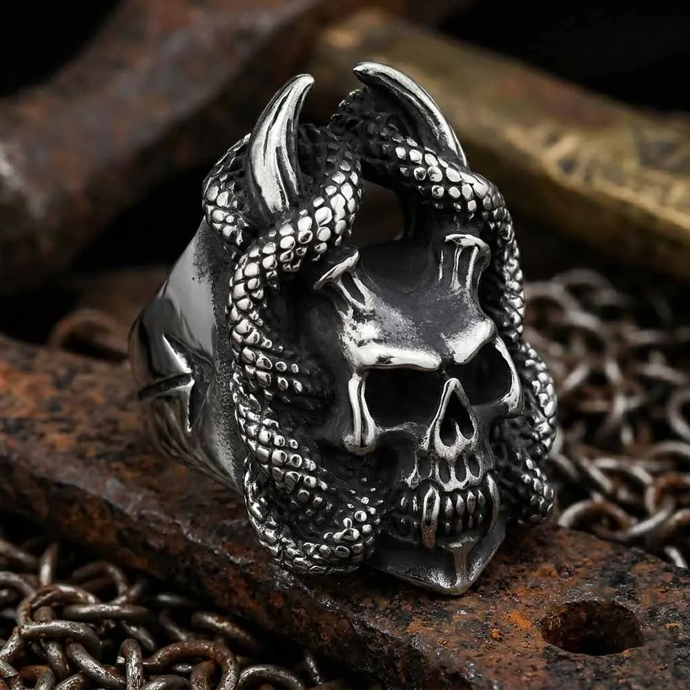 Gothic Snake Wrapped Horn Skull Stainless Steel Ring sold by GTHIC
