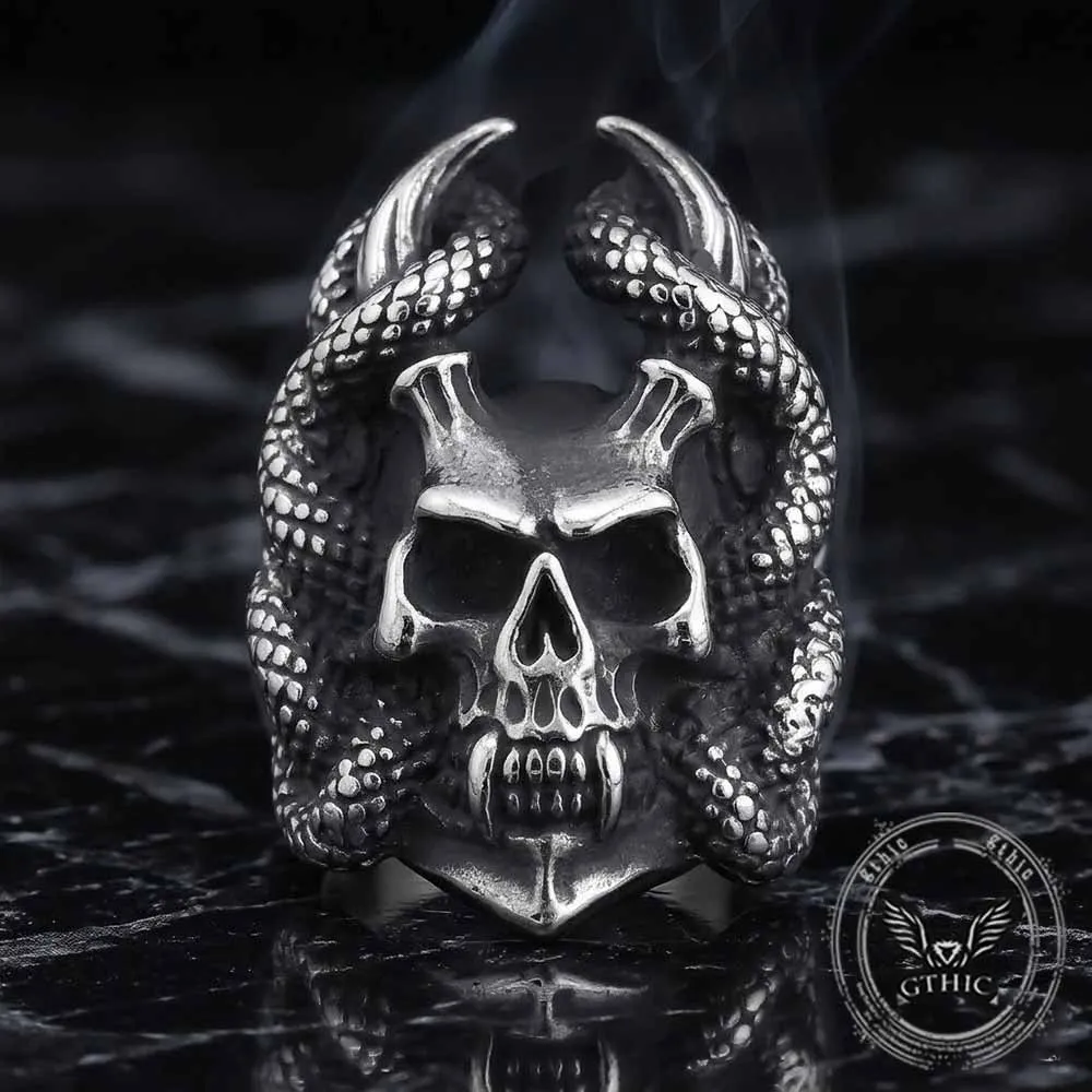 Gothic Snake Wrapped Horn Skull Stainless Steel Ring sold by GTHIC product image thumbnail 5