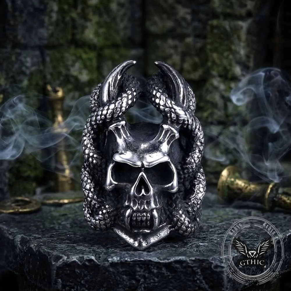 Gothic Snake Wrapped Horn Skull Stainless Steel Ring sold by GTHIC product image thumbnail 3