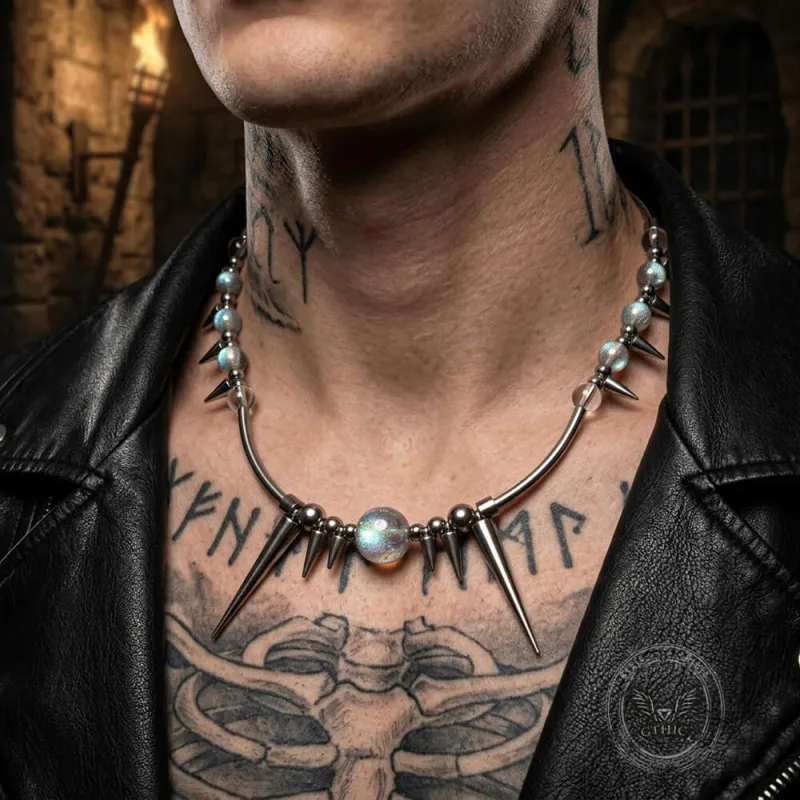 Punk Y2K Studded Gemstone Beaded Stainless Steel Necklace made by GTHIC