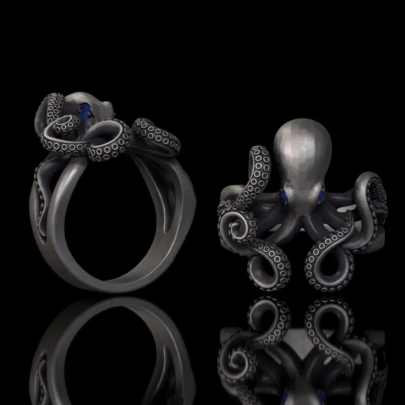 Vintage Gem Eye Octopus Tentacle Sterling Silver Marine Ring made by GTHIC