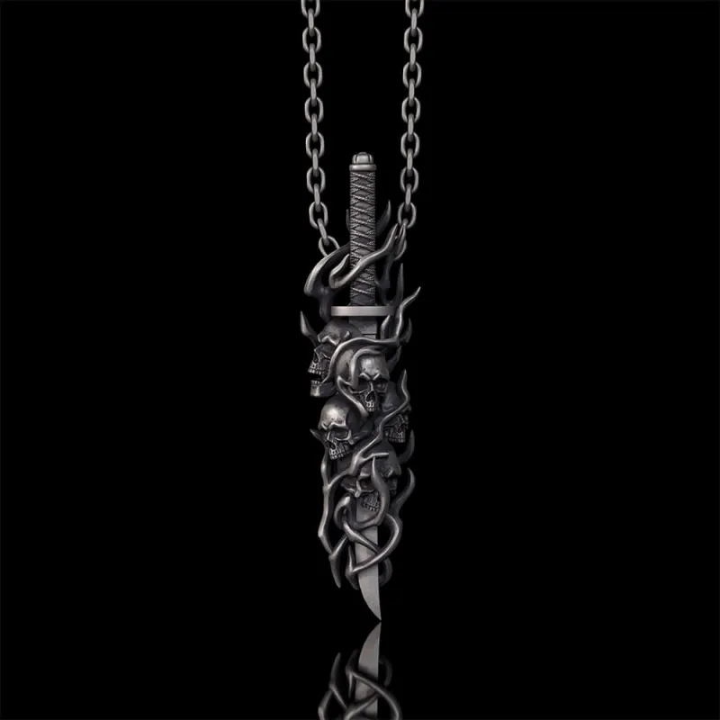 Gothic Skull Thorn Sword Sterling Silver Pendant made by GTHIC