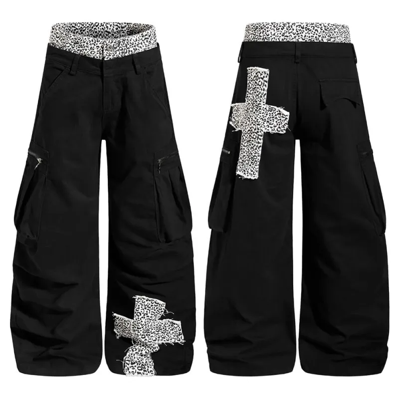 Fashion Leopard-Print Patchwork Loose Wide-Leg Scimitar Pants made by GTHIC