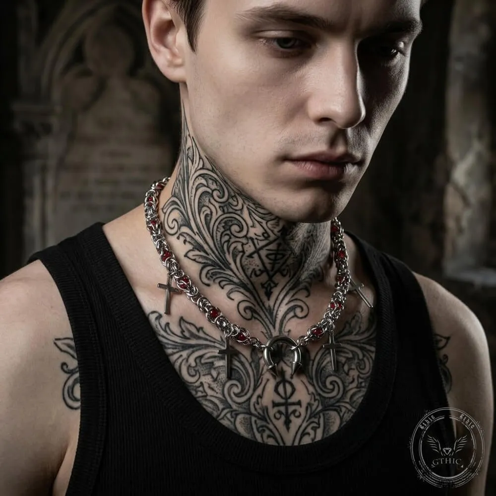 Punk Red Bead Horseshoe Rivet Cross Stainless Steel Necklace sold by GTHIC product image thumbnail 2