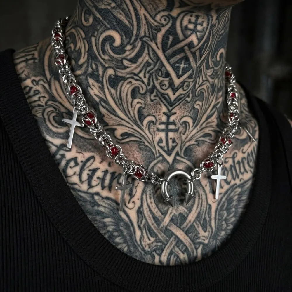 Punk Red Bead Horseshoe Rivet Cross Stainless Steel Necklace sold by GTHIC
