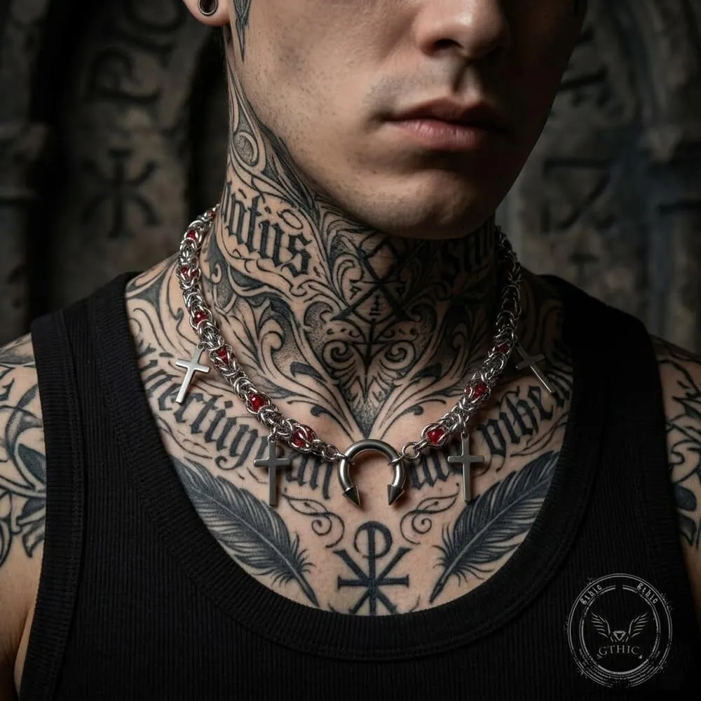 Punk Red Bead Horseshoe Rivet Cross Stainless Steel Necklace sold by GTHIC product image thumbnail 3
