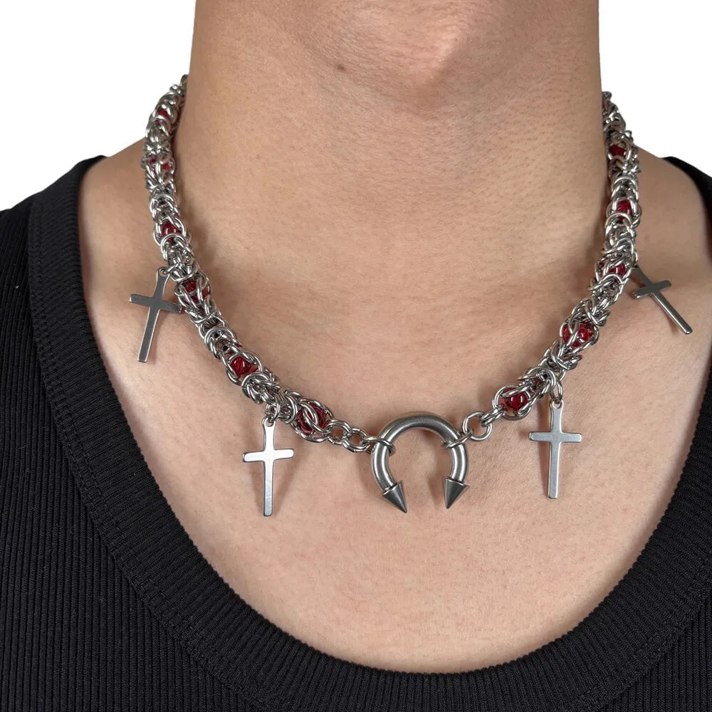 Punk Red Bead Horseshoe Rivet Cross Stainless Steel Necklace sold by GTHIC product image thumbnail 4
