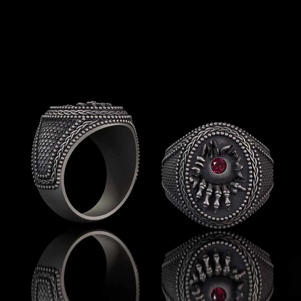 Red Zircon Eye Skull Hand Punk Sterling Silver Ring sold by GTHIC