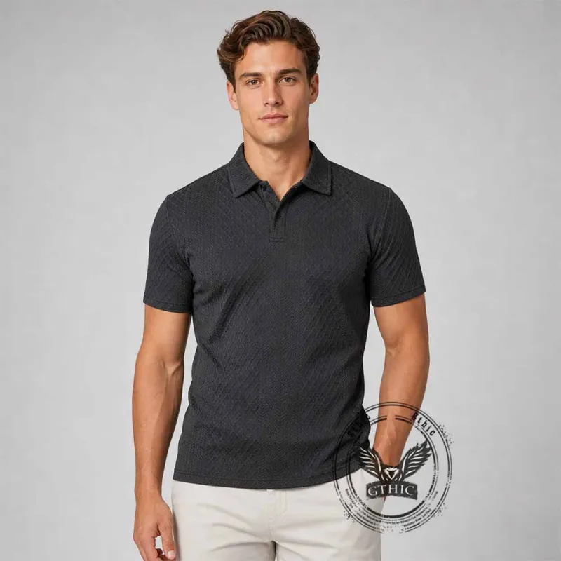 Vintage Jacquard Solid Color Short Sleeve Polo Shirt made by GTHIC
