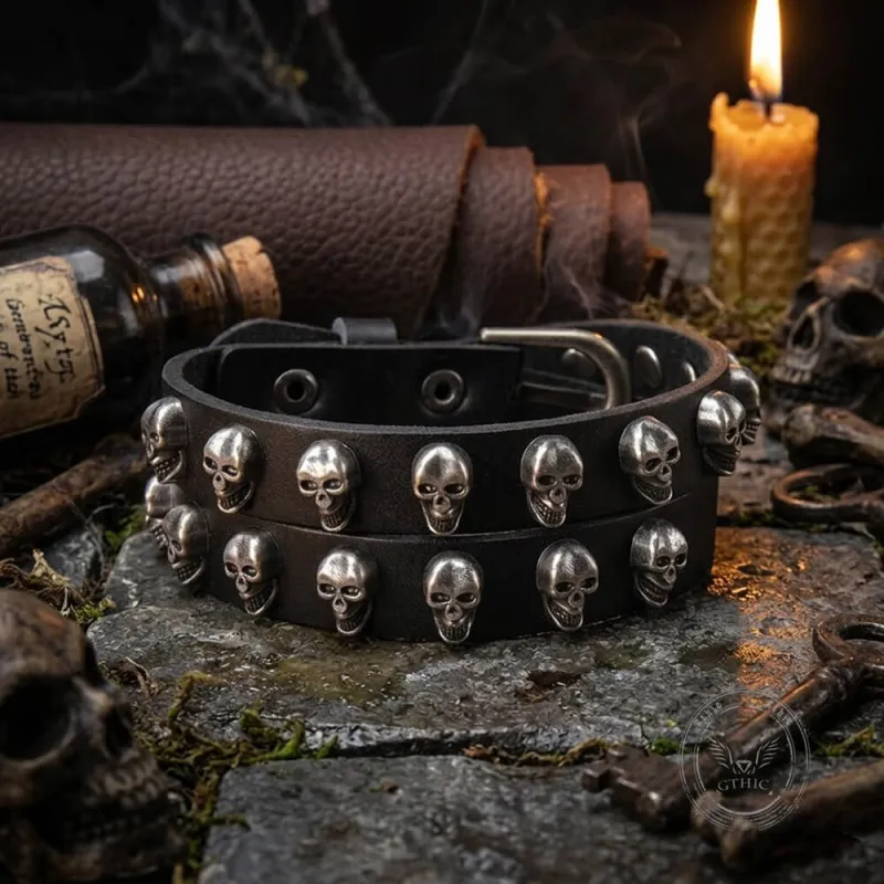 Gothic Double-Strand Alloy Skull PU Leather Bracelet made by GTHIC