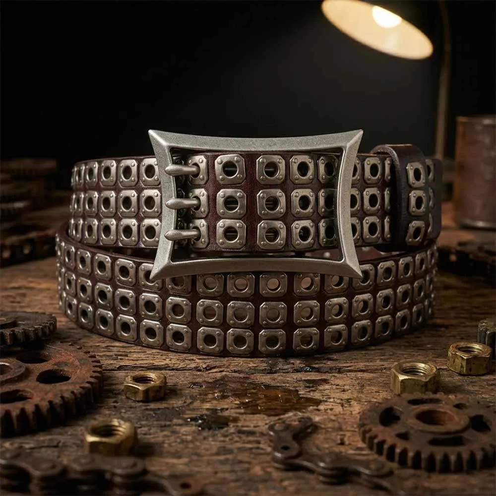 American Biker Three-Row Cutout Rivet Genuine Leather Belt sold by GTHIC product image thumbnail 4