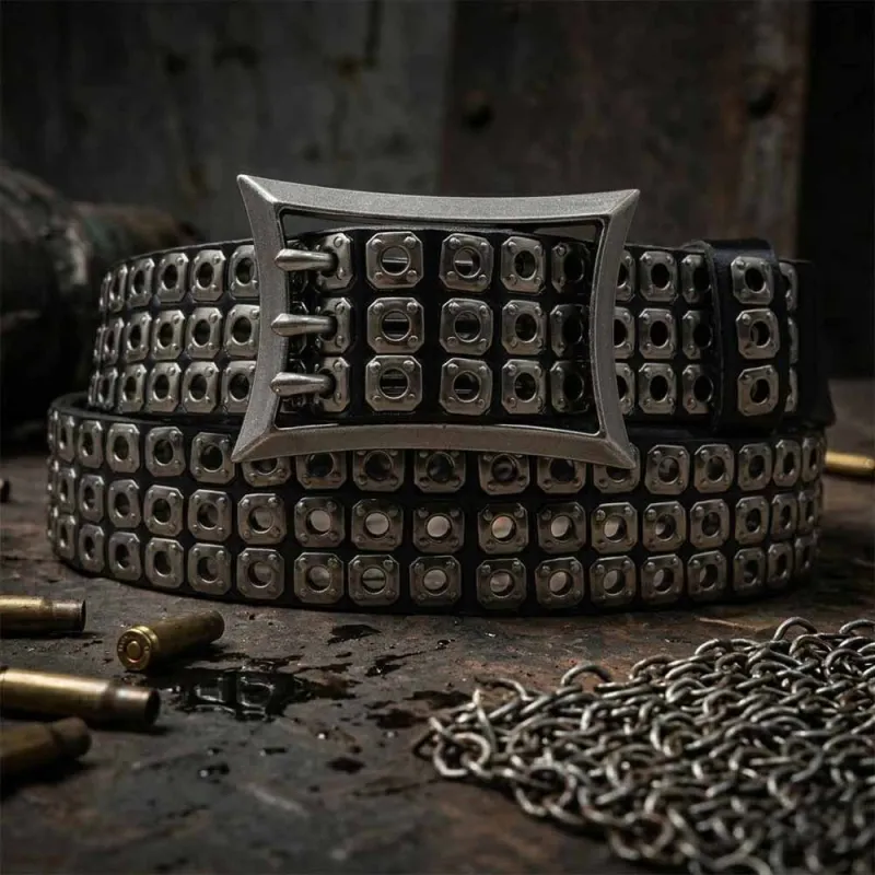 American Biker Three-Row Cutout Rivet Genuine Leather Belt made by GTHIC