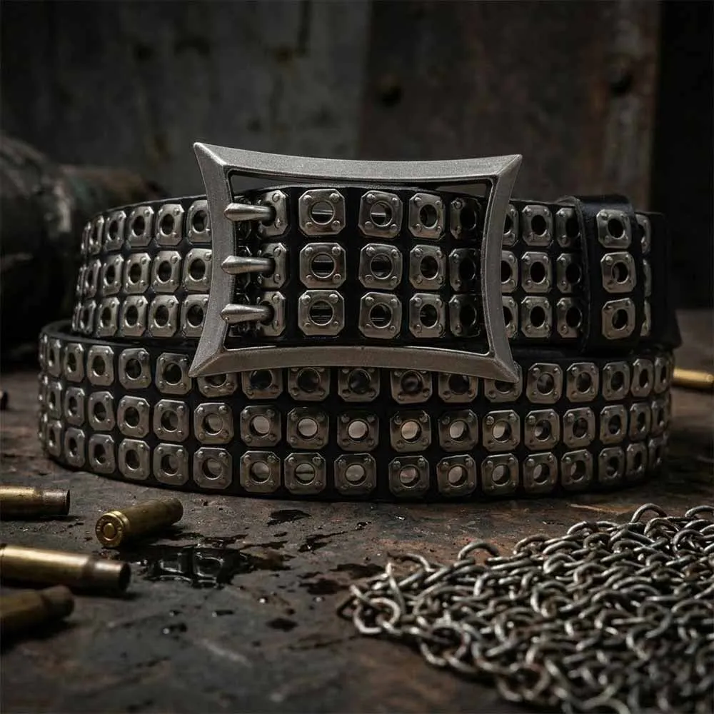 American Biker Three-Row Cutout Rivet Genuine Leather Belt sold by GTHIC