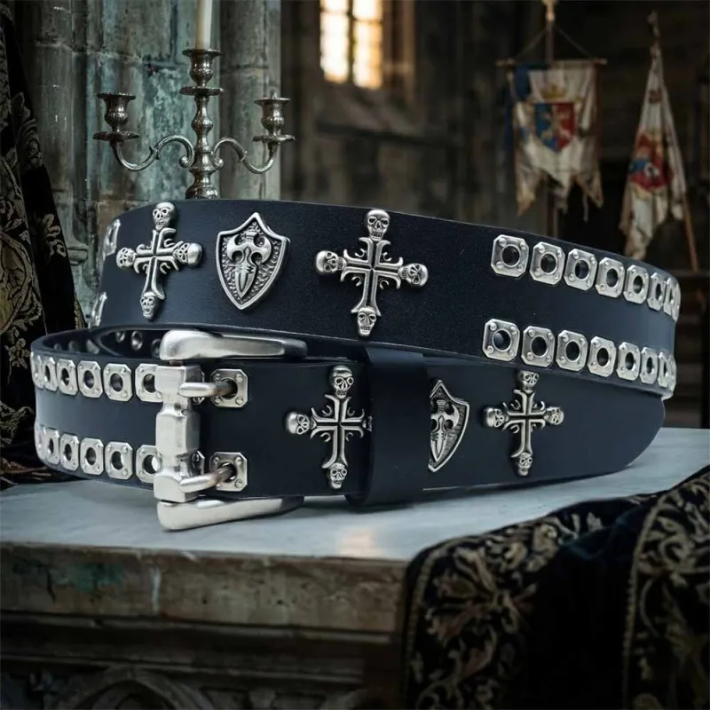 Punk Cross Skull Shield Cutout Rivet Genuine Leather Belt made by GTHIC
