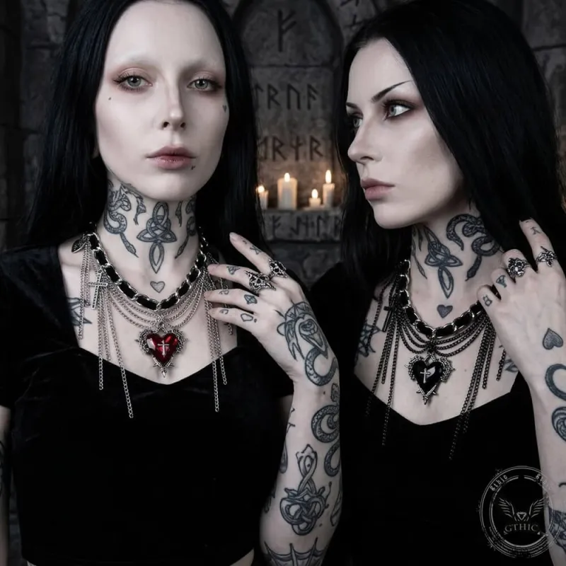 Dark Gothic Cross Heart Tassel Alloy Choker Necklace made by GTHIC