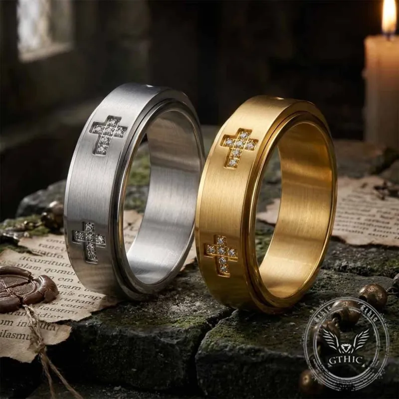 Simple Diamond-Set Cross Stainless Steel Spinner Ring made by GTHIC