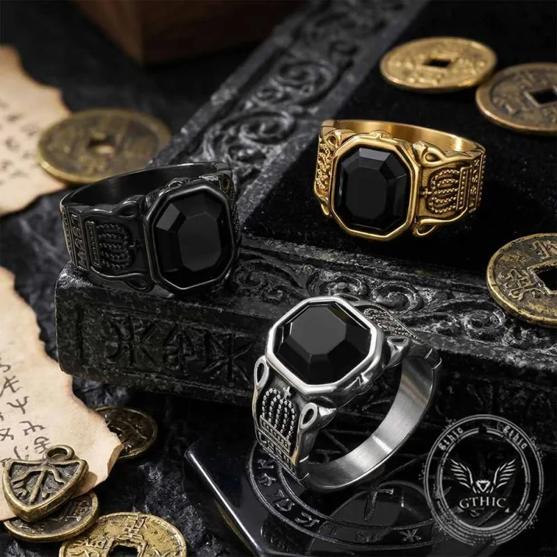Vintage Black Gem Crown Pattern Stainless Steel Ring made by GTHIC