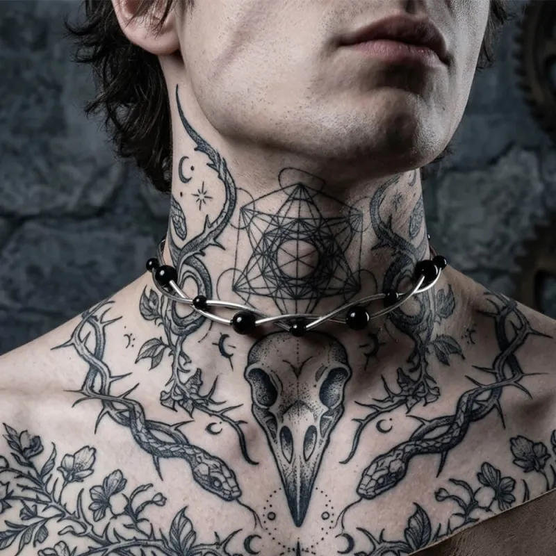 Punk Black Beads Double-Layer Stainless Steel Necklace made by GTHIC