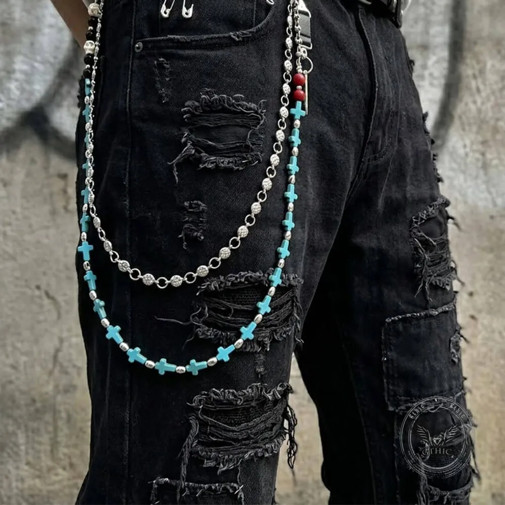 Retro Double-Layer Turquoise Cross Skull Alloy Pants Chain sold by GTHIC