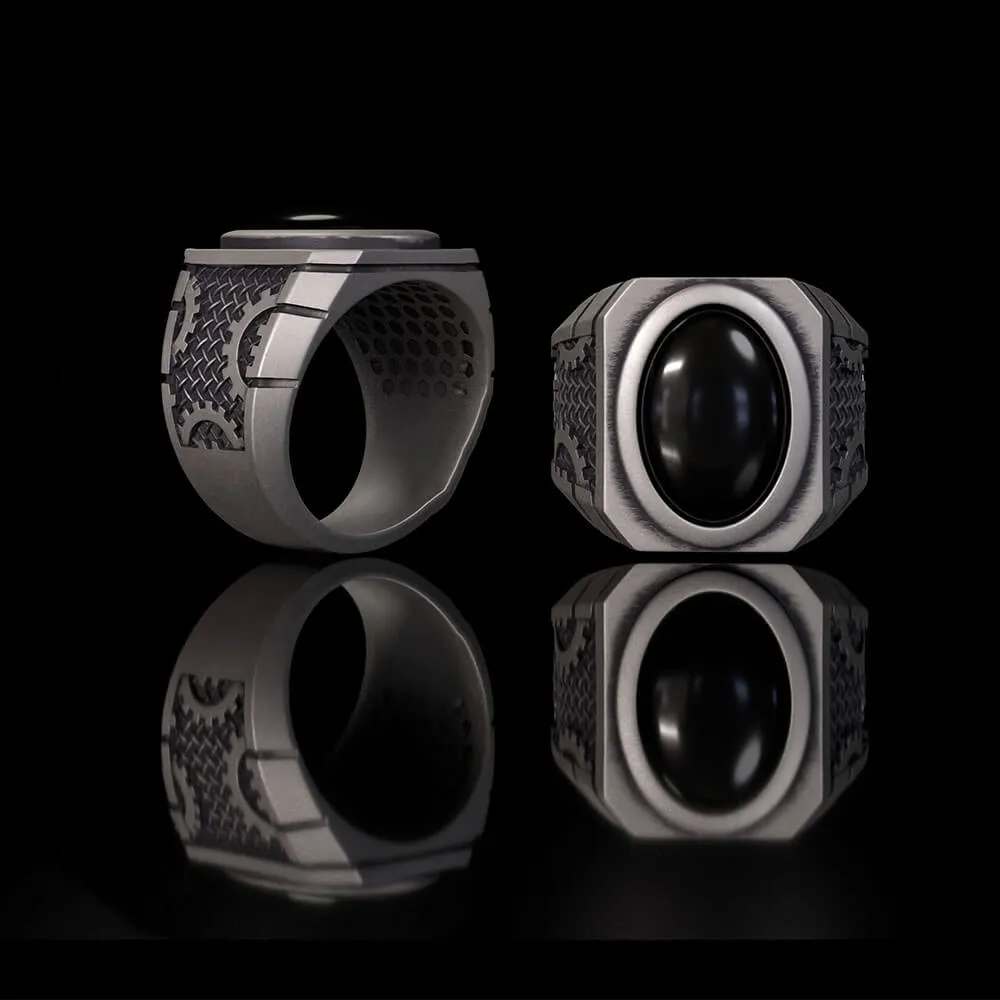 Steampunk Gear Black Gem Sterling Silver Ring sold by GTHIC