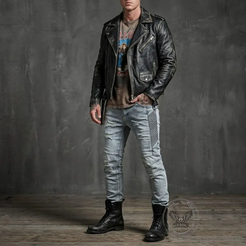 Street Slim-Fit Distressed Straight-Leg Biker Jeans made by GTHIC