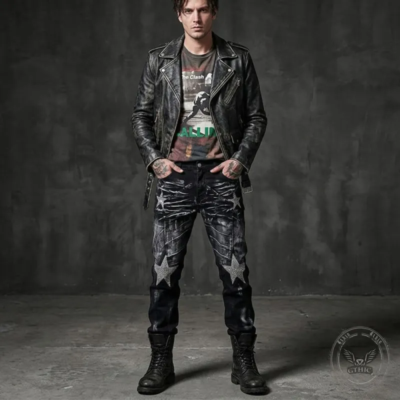 Punk-Style Slim-Fit Stretch Straight-Leg Paneled Jeans made by GTHIC